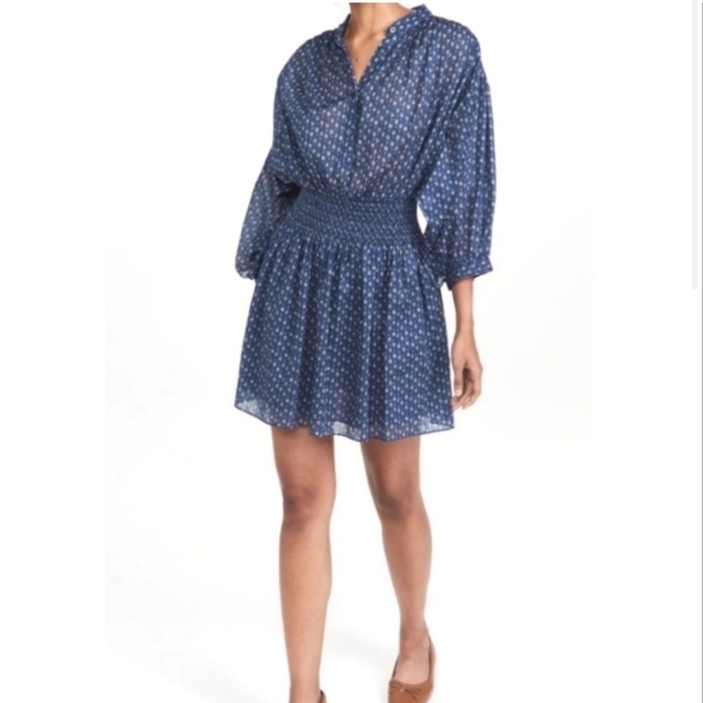 Rebecca Taylor Navy Blue Floral Long Sleeve Cotton Smocked Waist Mini Dress